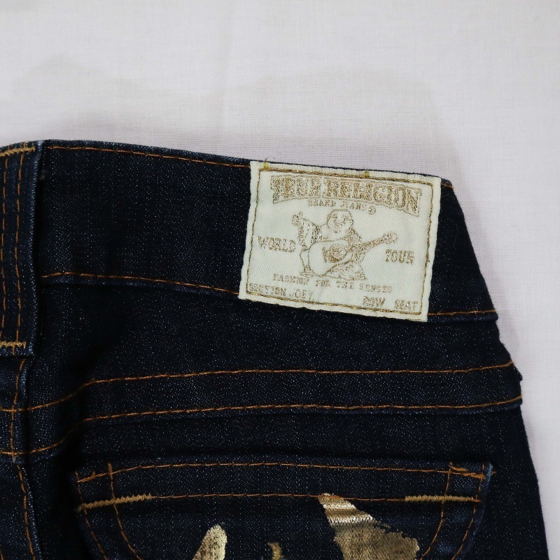 TRUE RELIGION トゥルーレリジョン JOEY 濃紺ストレッチフレアデニム ブーツカットジーンズ ローライズ ゴールドスティッチ USA製 サイズ24