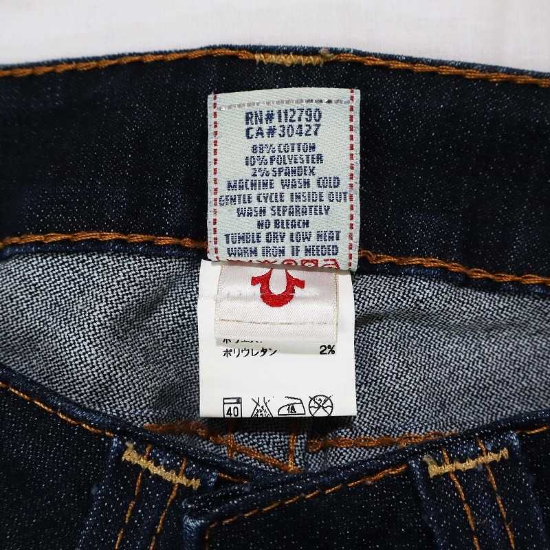 TRUE RELIGION トゥルーレリジョン JOEY 濃紺ストレッチフレアデニム ブーツカットジーンズ ローライズ ゴールドスティッチ USA製 サイズ24