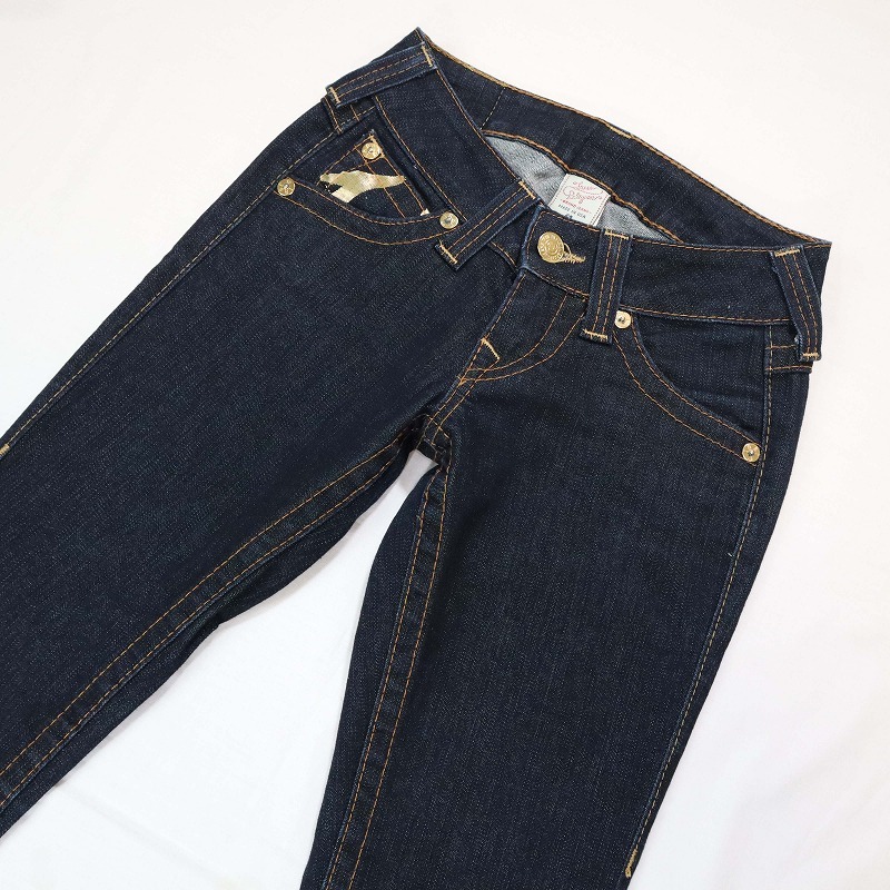 TRUE RELIGION トゥルーレリジョン JOEY 濃紺ストレッチフレアデニム ブーツカットジーンズ ローライズ ゴールドスティッチ USA製 サイズ24