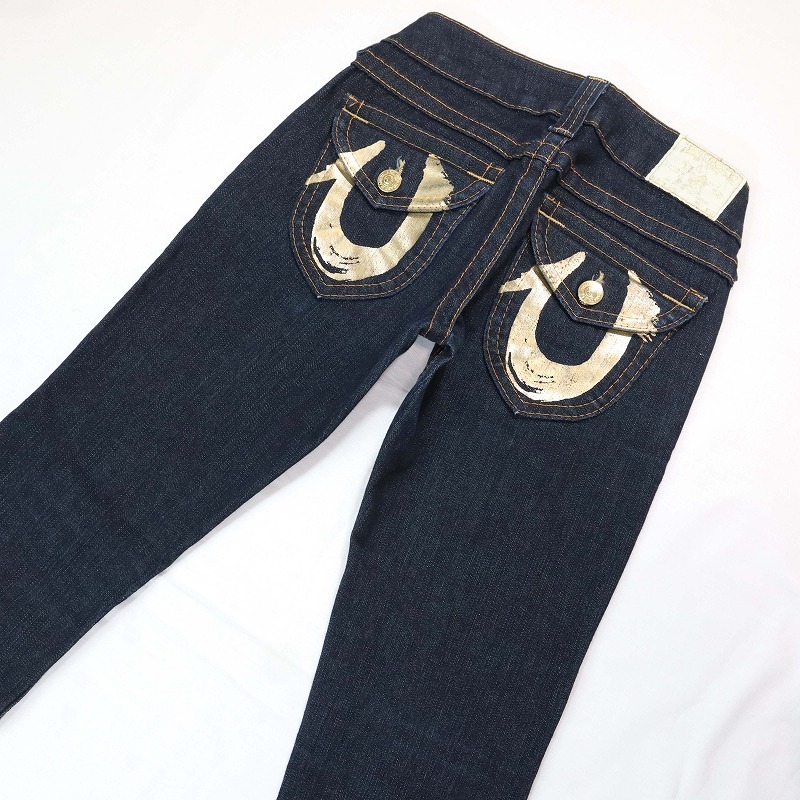 TRUE RELIGION トゥルーレリジョン JOEY 濃紺ストレッチフレアデニム ブーツカットジーンズ ローライズ ゴールドスティッチ USA製 サイズ24