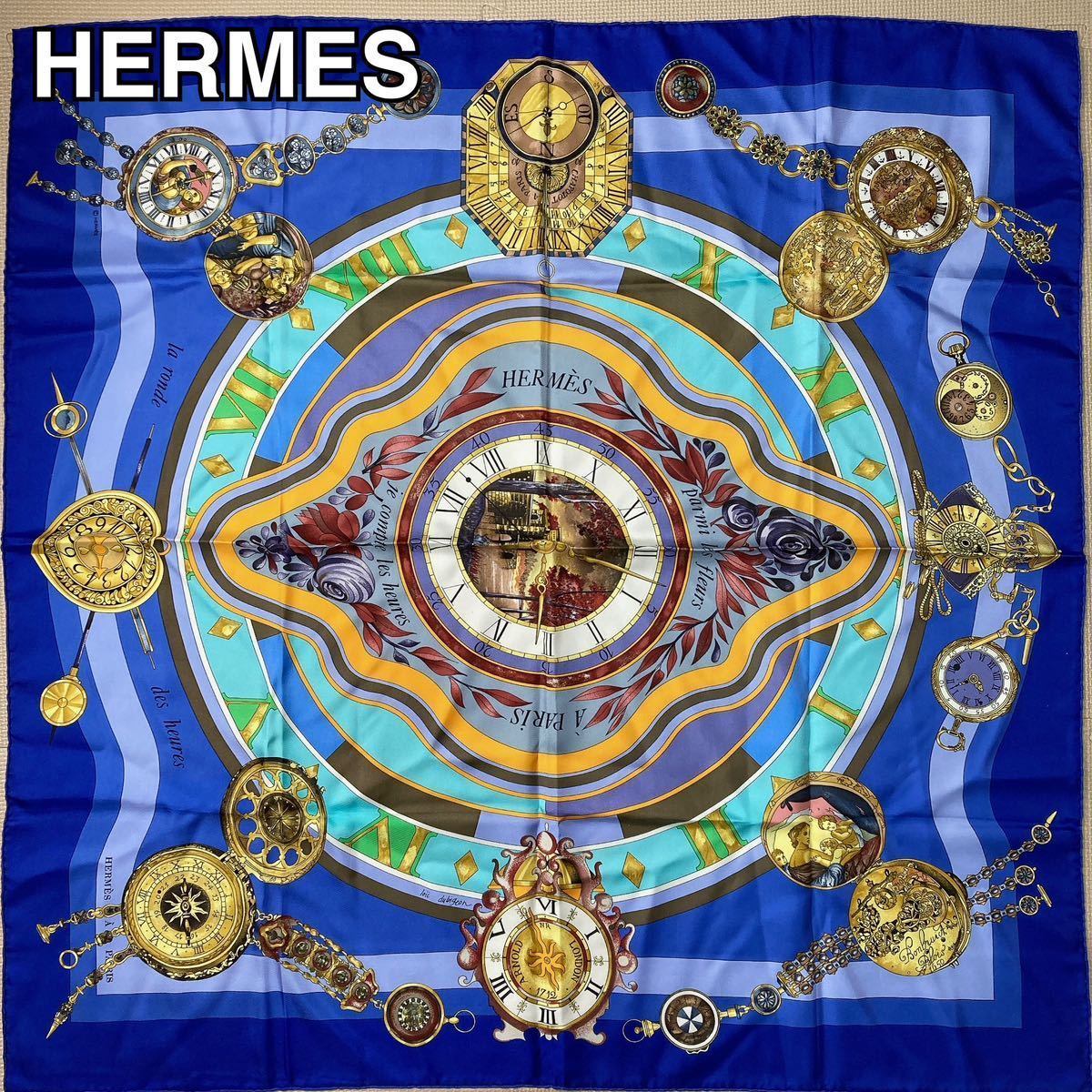 HERMES エルメス カレ90 ブルー parmi les fleurs シルク スカーフ B122220-96