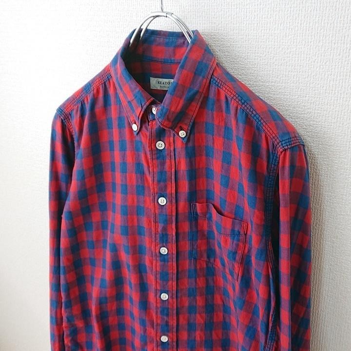 KEATON CHASE キートンチェイス ブロックチェックシャツ ボタンダウンシャツ 赤紺 レッド sizeS 美品 日本製_画像4