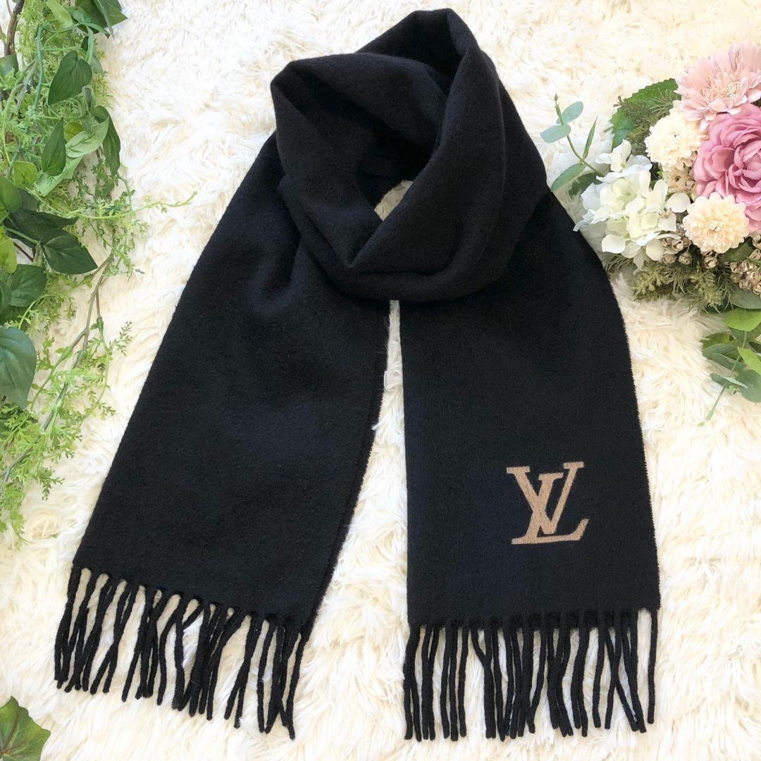 【美品】VUITTON カシミヤ100% マフラー エシャルプ・ジェラム ルイヴィトン Louis Vuitton ブラック ロゴマーク