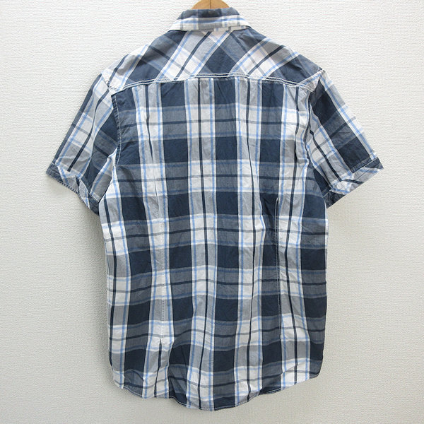 a■ザラ/ZARA MAN チェック柄 胸ポケット 半袖シャツ【XL】紺/MENS/100【中古】_画像3