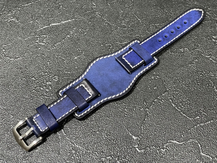 送料無料 腕時計ベルト マット ブンド付き レザーベルト 本革 カラー：ブルー ラグサイズ：22mm 革ベルト BDR_カラー：ブルー