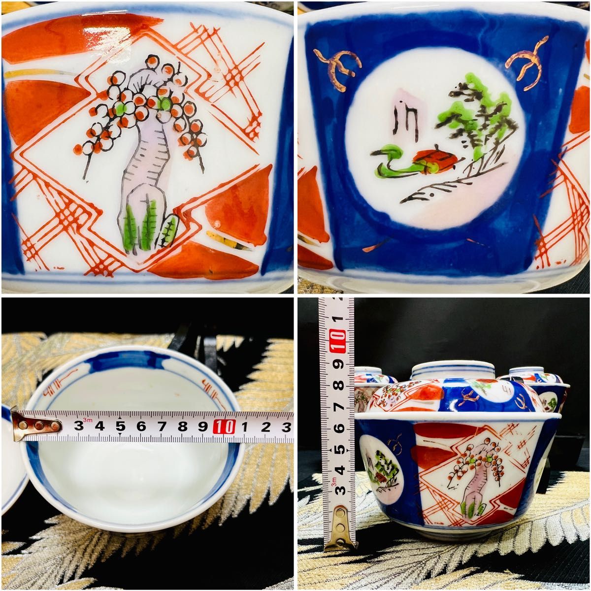 有田焼 古伊万里 染錦窓絵 蓋碗 蓋付き茶碗 5客 明治江戸