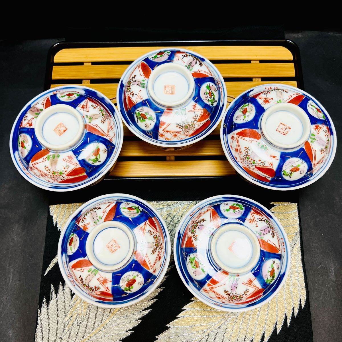 有田焼 古伊万里 染錦窓絵 蓋碗 蓋付き茶碗 5客 明治江戸