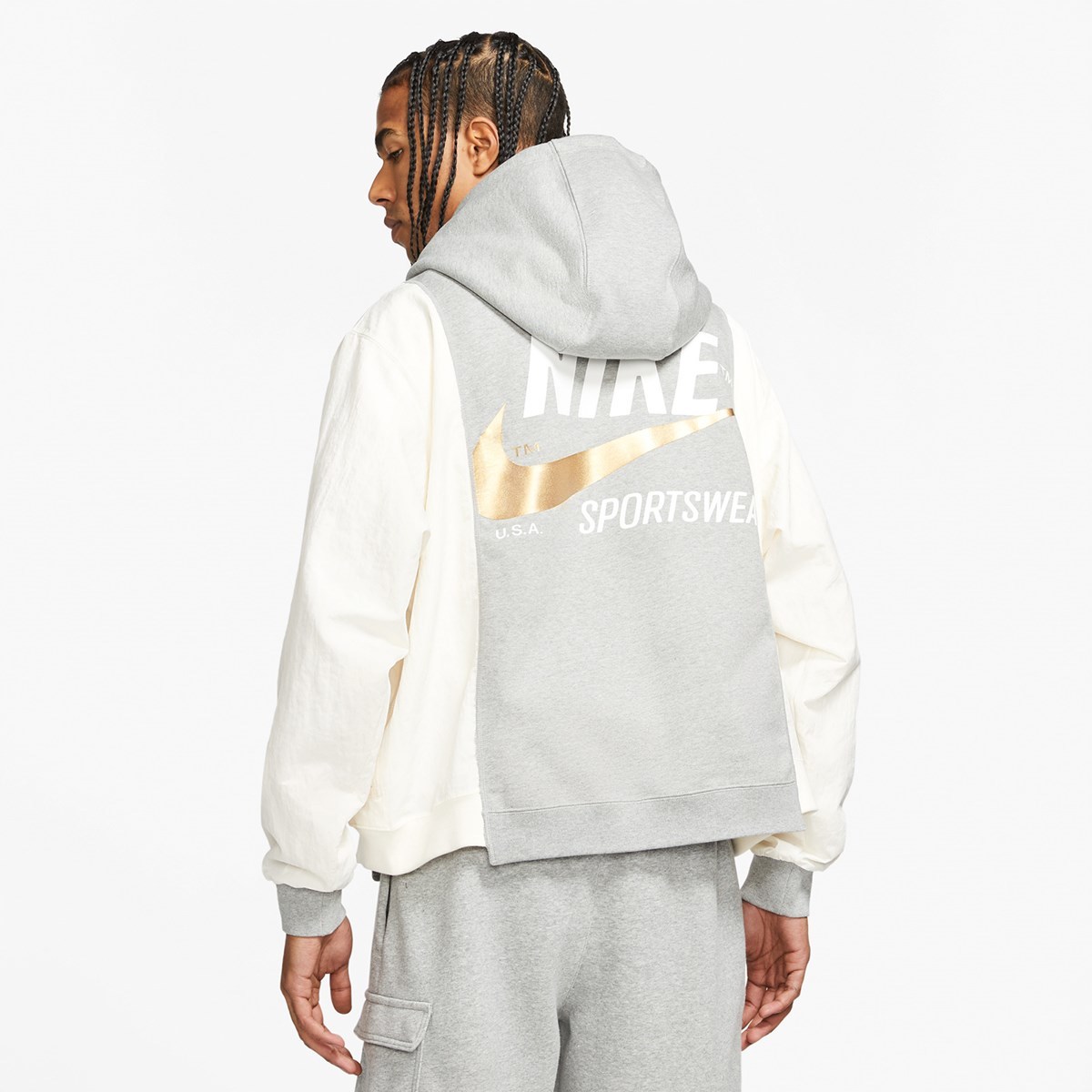 NIKE NSW HOODIE BRS（M）グレー／アイボリー ナイキ フーディー オーバー ルーズ サイズ ナイロン パーカー_画像9