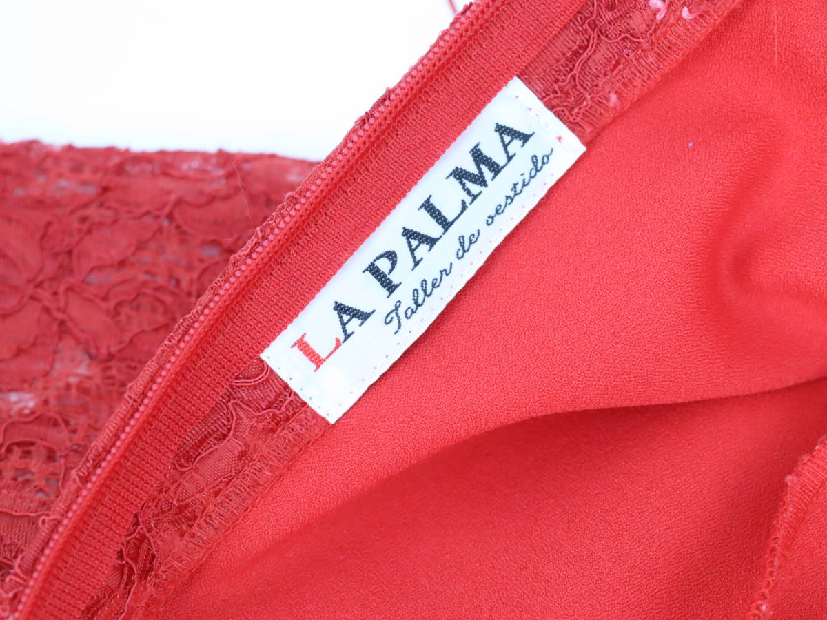 『送料無料』【美品 日本製 フラメンコ衣装】艶やかレッド×レース地 LA PALMA ドレス ワンピース 大きく広がる裾 タンゴ 社交ダンス