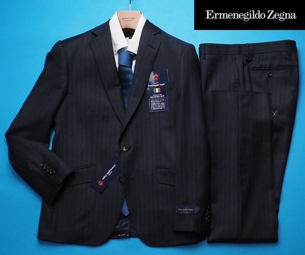 新品17.3万円 大手百貨店扱い 『Ermenegildo Zegna ゼニア ELECTA 伊製生地』ウール100% ギャバジン ストライプ スーツA4紺(B) 1007051_画像1