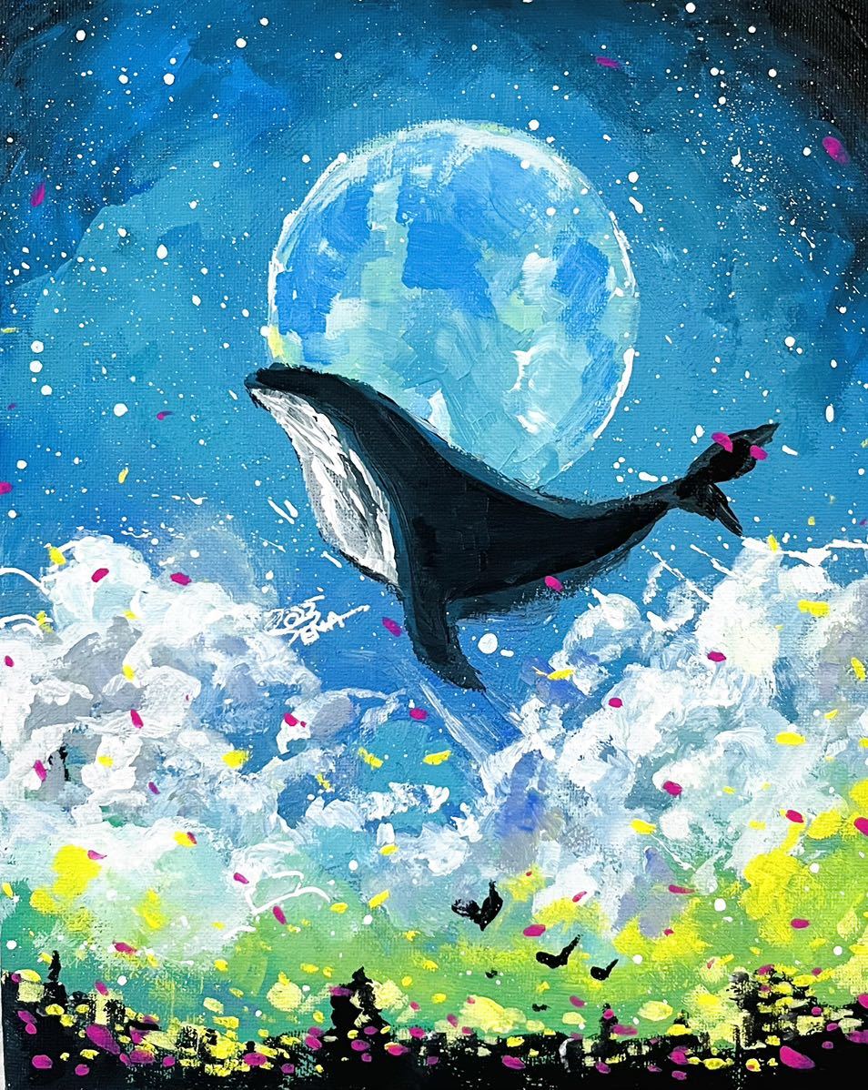 絵画 油絵 原画 一点物 生き物 鯨 ブルー 涼やか ポップ F4 Yahoo!オークション - 【夜のくじら】SENA 一点物 絵画 動物画