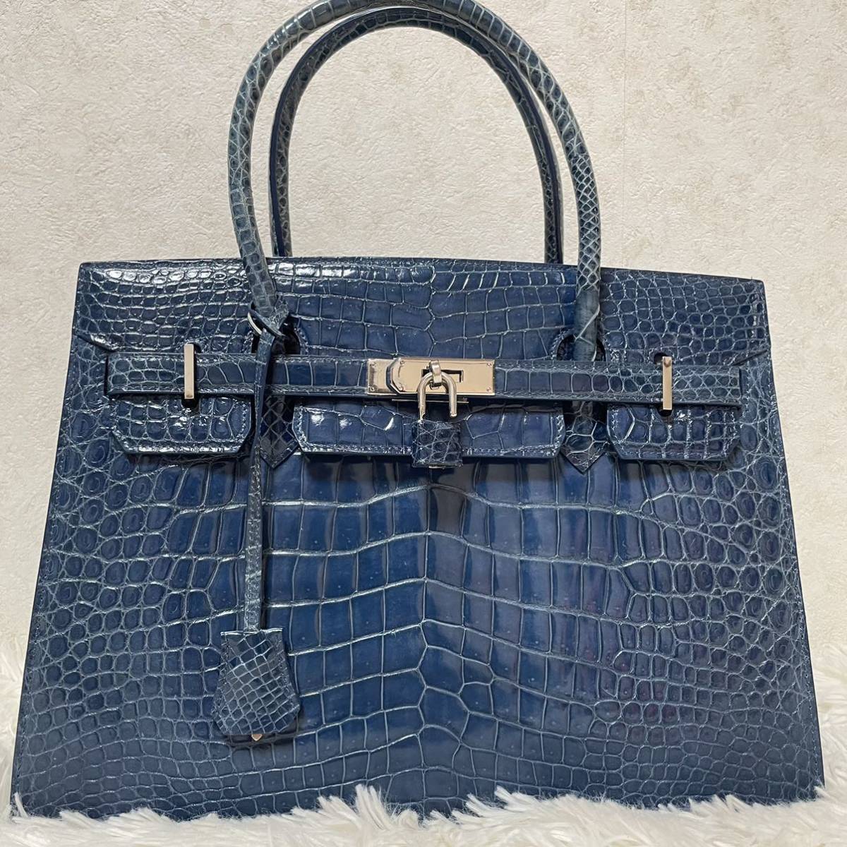 リアルクロコダイル センター取り ブルー シルバー金具 ハンドバッグ-