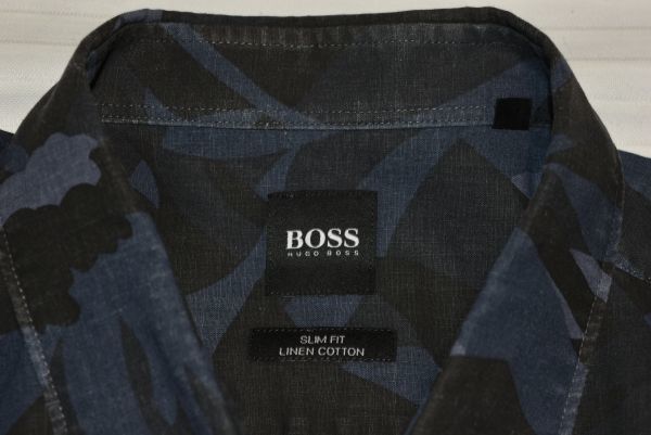 ★HUGO BOSS★センスの良い黒ネイビー色柄デザイン★MATCH POINT★麻綿素材の長袖シャツ XLの画像5