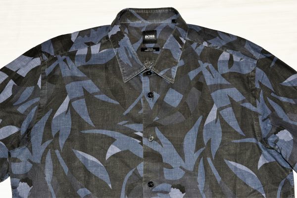 ★HUGO BOSS★センスの良い黒ネイビー色柄デザイン★MATCH POINT★麻綿素材の長袖シャツ XLの画像6