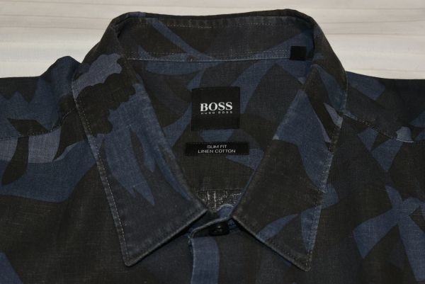 ★HUGO BOSS★センスの良い黒ネイビー色柄デザイン★MATCH POINT★麻綿素材の長袖シャツ XLの画像4