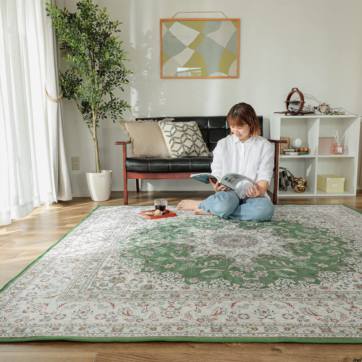 ペルシャ絨毯風 ラグ カーペット 洗える 1.5畳 130×190cm グリーン おしゃれ レトロ