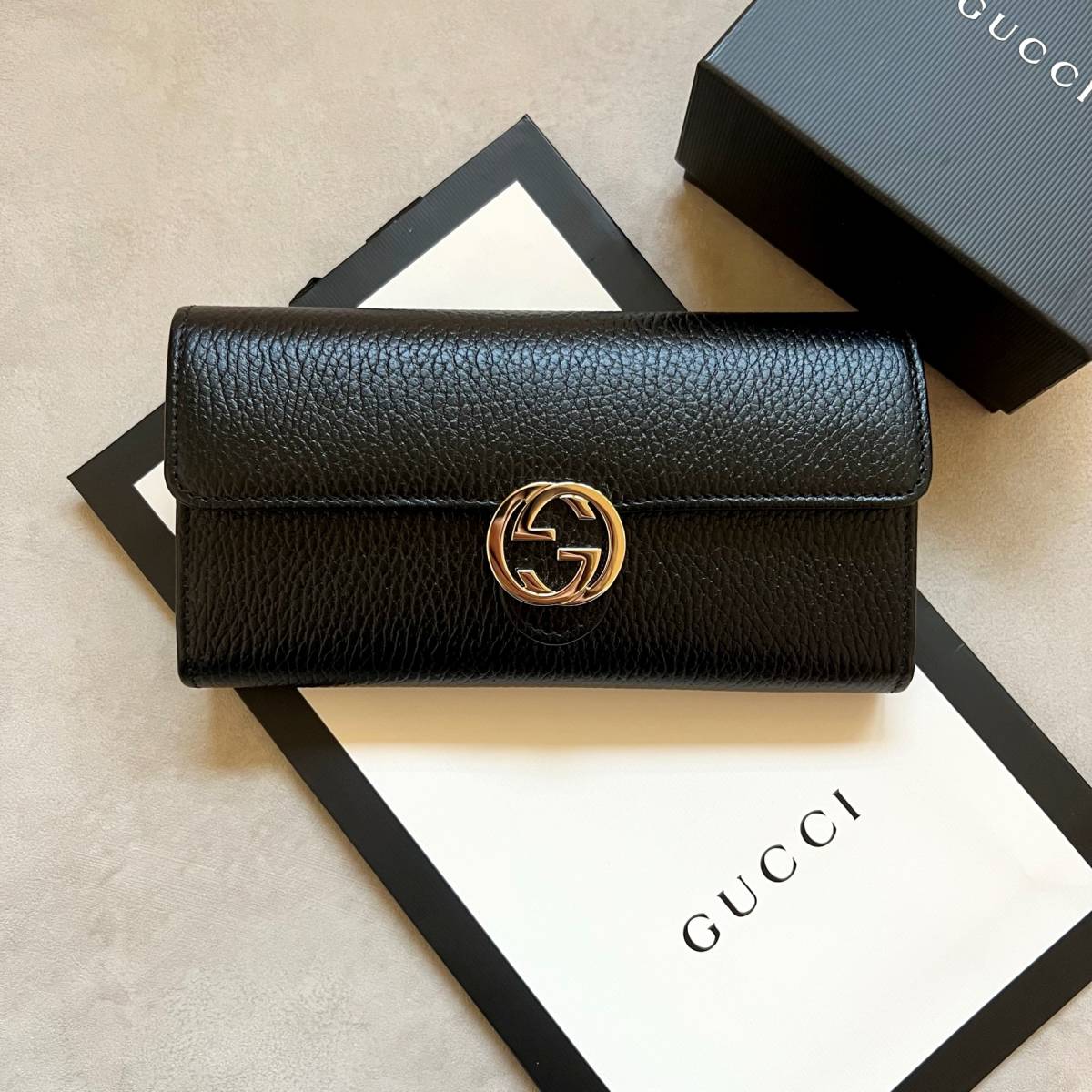 新品未使用箱付き】GUCCI グッチ GGインターロッキングウォレット 長財布 レザー ブラック