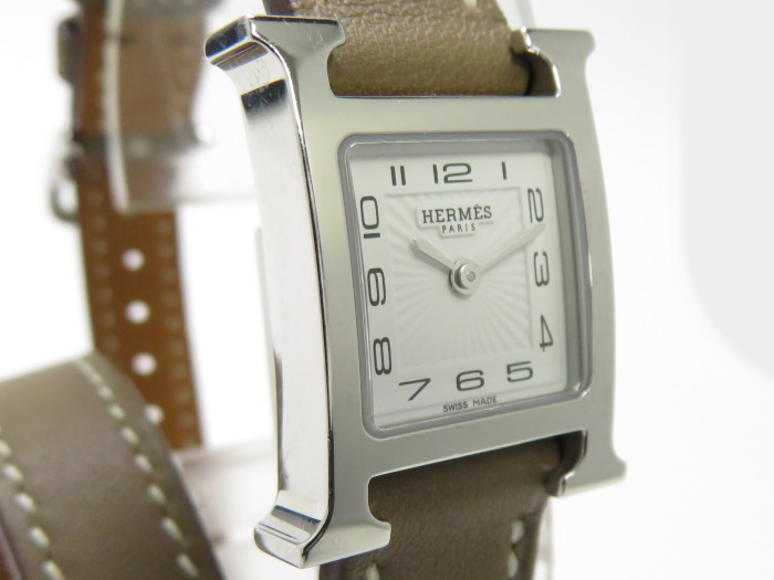 HERMES Hウォッチ ミニ ドゥブルトゥール レディース腕時計 クォーツ SS ホワイト文字盤 エトゥープ 革ベルト HH1.110 A刻印 