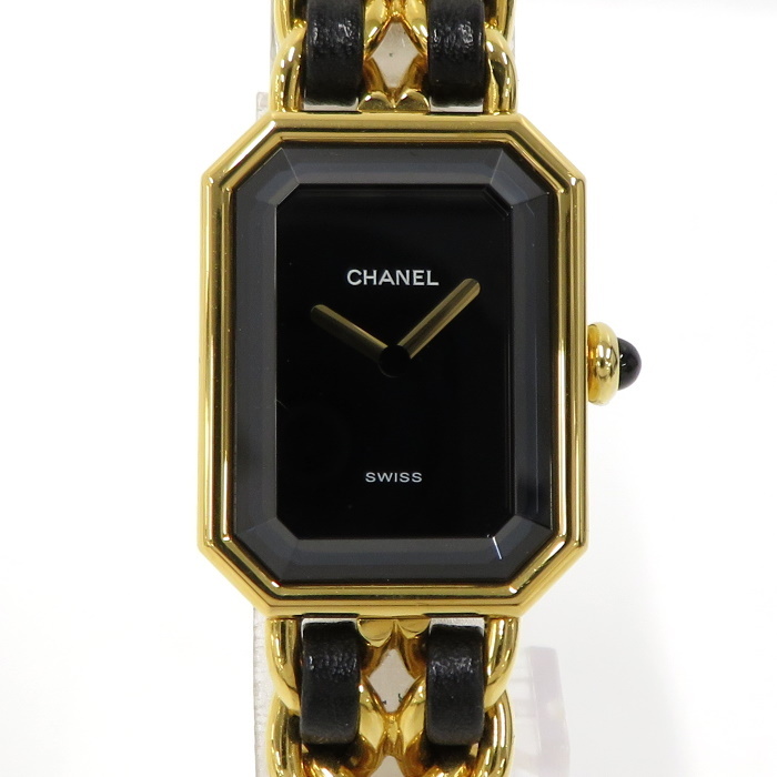 【中古】CHANEL 腕時計 プルミエール クオーツ GP レザー ブラック文字盤 サイズL H0001