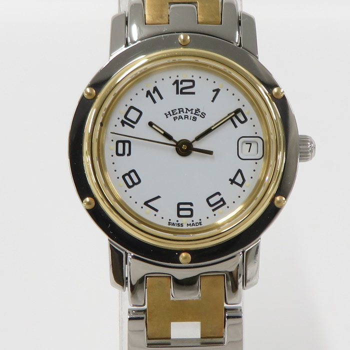 HERMES 腕時計 クリッパー コンビ クオーツ SS GP ホワイト文字盤 CL4.220