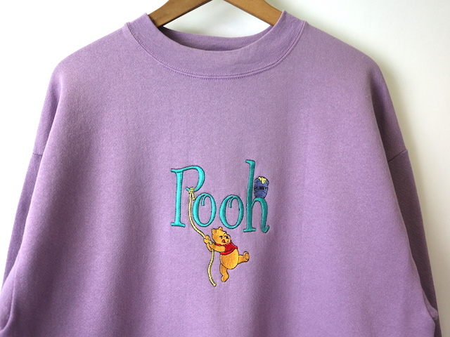 90s ディズニー POOH プーさん 刺繍プリント スウェット(メンズ L)ライトパープル ヴィンテージ_画像2