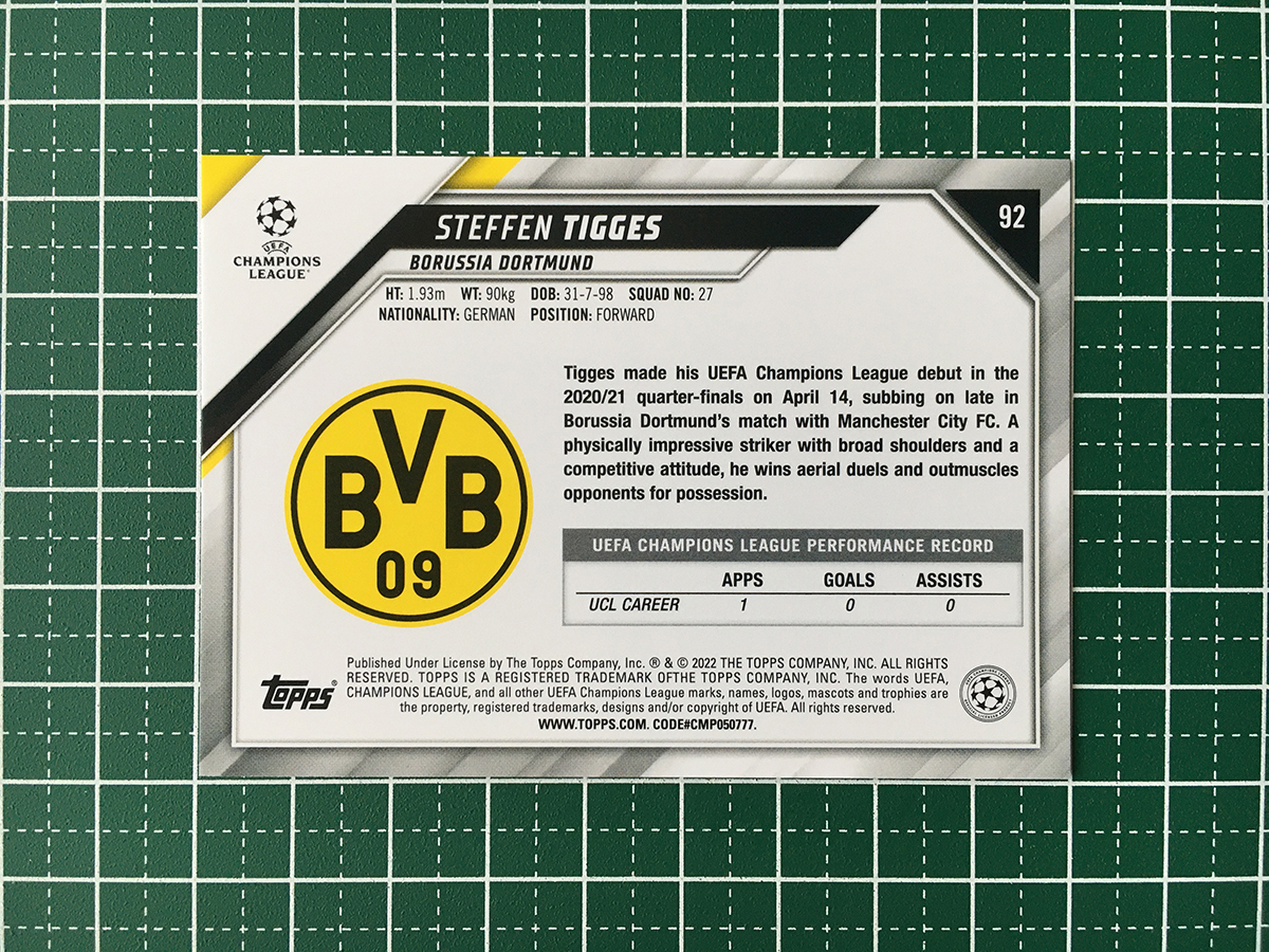 ★TOPPS 2021-22 UEFA CHAMPIONS LEAGUE #92 STEFFEN TIGGES［BORUSSIA DORTMUND］ベースカード「BASE」ルーキー「RC」★_画像2