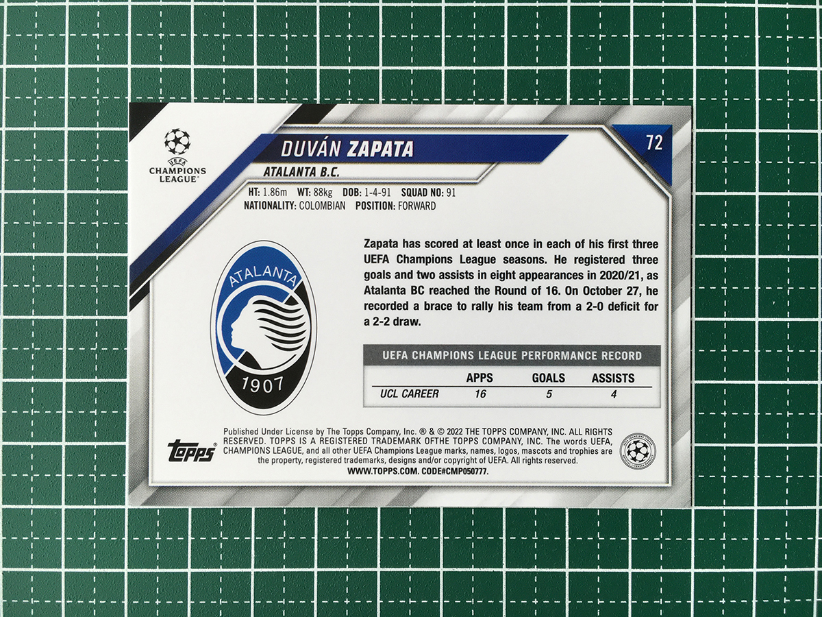 ★TOPPS 2021-22 UEFA CHAMPIONS LEAGUE #72 DUVAN ZAPATA［ATALANTA B.C.］ベースカード「BASE」★_画像2