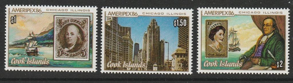 （クック島）1986年アメリカ切手展３種完、スコット評価15.5ドル（海外より発送、説明欄参照）の画像1