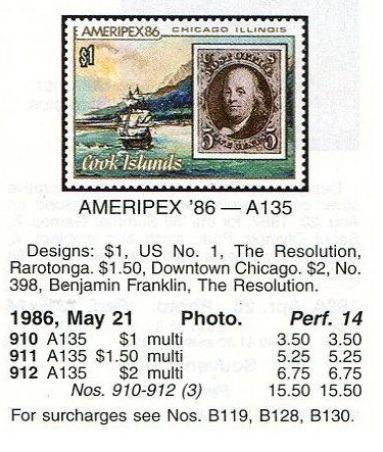 （クック島）1986年アメリカ切手展３種完、スコット評価15.5ドル（海外より発送、説明欄参照）の画像2