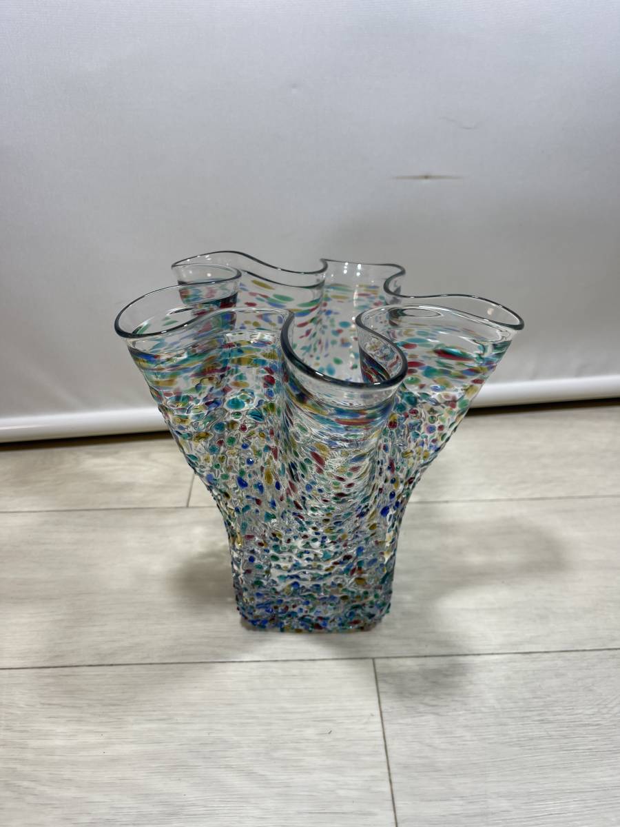 未使用品 津軽びいどろ 津軽びーどろ 津軽ビードロ ガラス工芸 フリル フラワーベース 花瓶 花器 オブジェの画像5