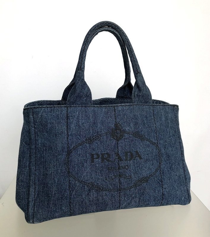 極美品 PRADA プラダ デニム カナパ ハンドバッグ トートバッグ B1877B ネイビー ブルー レディース ハンドバッグ 福井県質屋の質セブン①