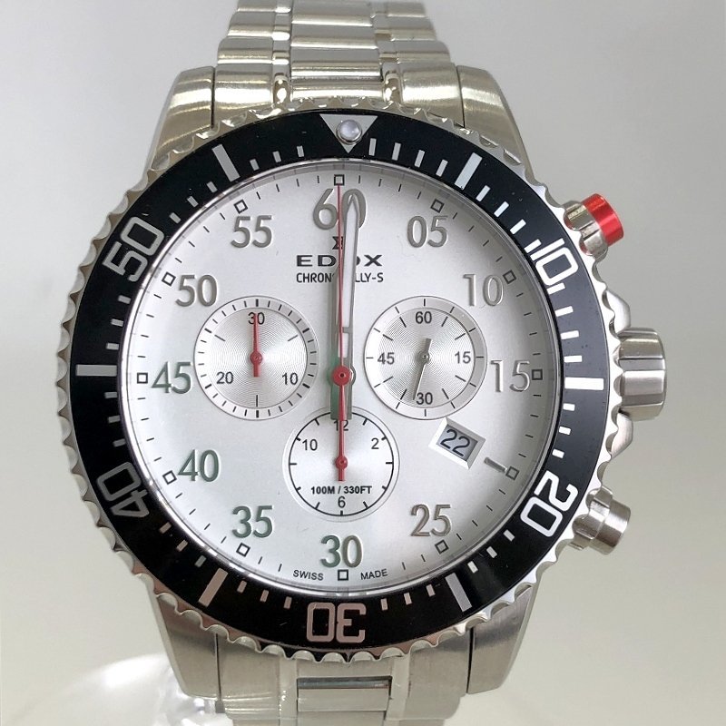 極美品 EDOX エドックス クロノラリー クオーツ腕時計 10227-3M-ABN クロノグラフ シルバー文字盤 デイト メンズ 質屋の質セブン