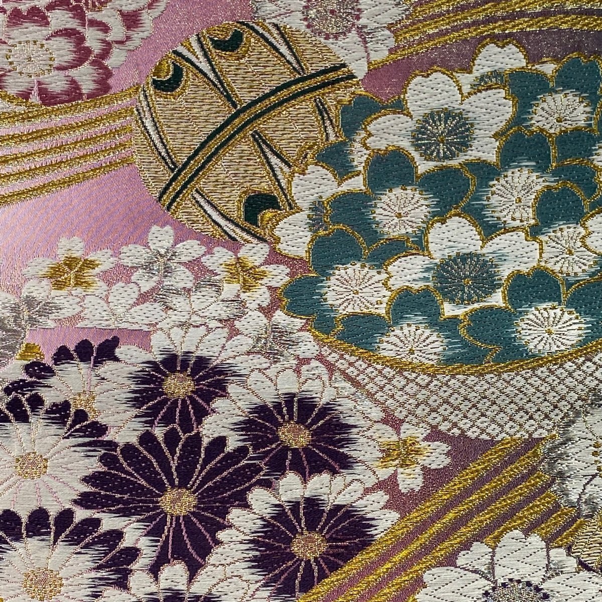 新作揃え浴衣/水着専門店 振袖用 袋帯 正絹 黒 金 紫 桜 Lサイズ F5782 中古美品