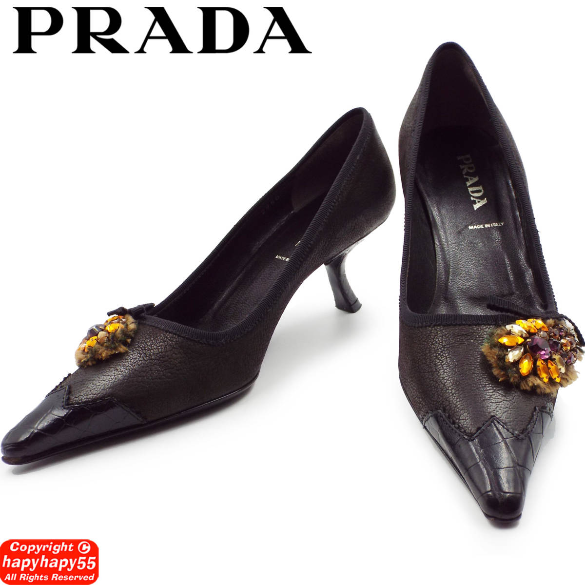 安いそれに目立つ ヒールパンプス◇PRADA コンビレザー クロコｘ山羊革