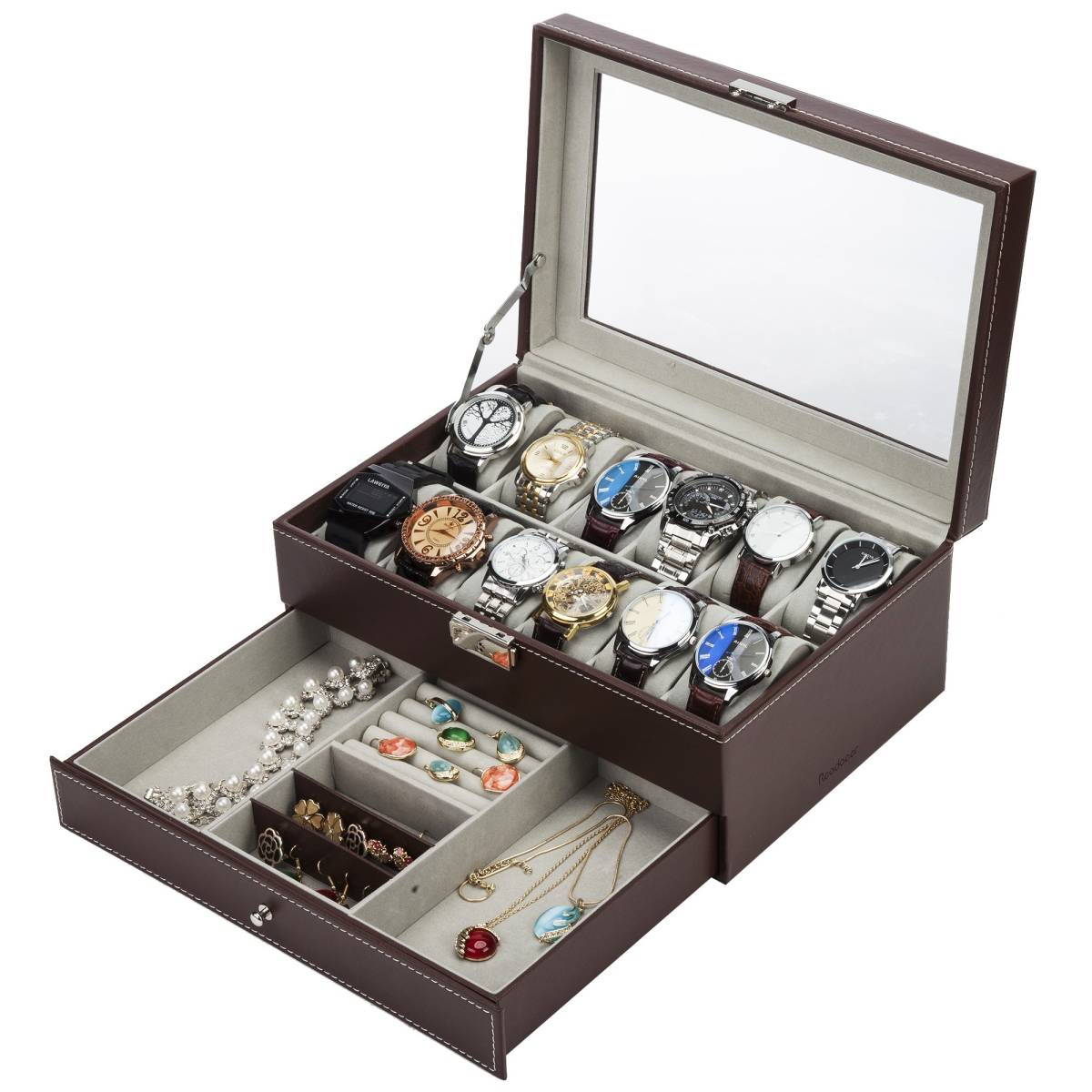 Reodoeer 腕時計収納ケース 腕時計収納ボックス 2段式 12本用 アクセサリー収納兼用 (ブラウン) の画像2