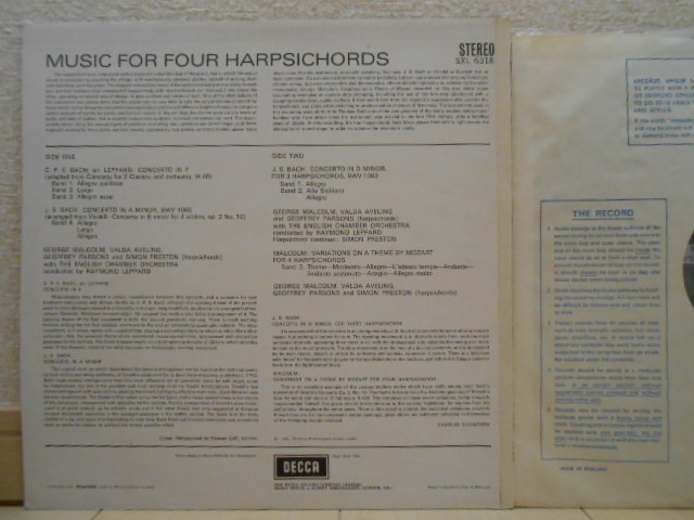 英DECCA SXL-6318 マルコム プレストン MUSIC FOR FOUR HARPSICHORDS オリジナル盤_画像3