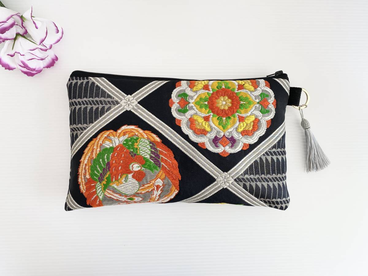 帯リメイクポーチ化粧ポーチマチ無しタイプ1点物ハンドメイド 帯 ...