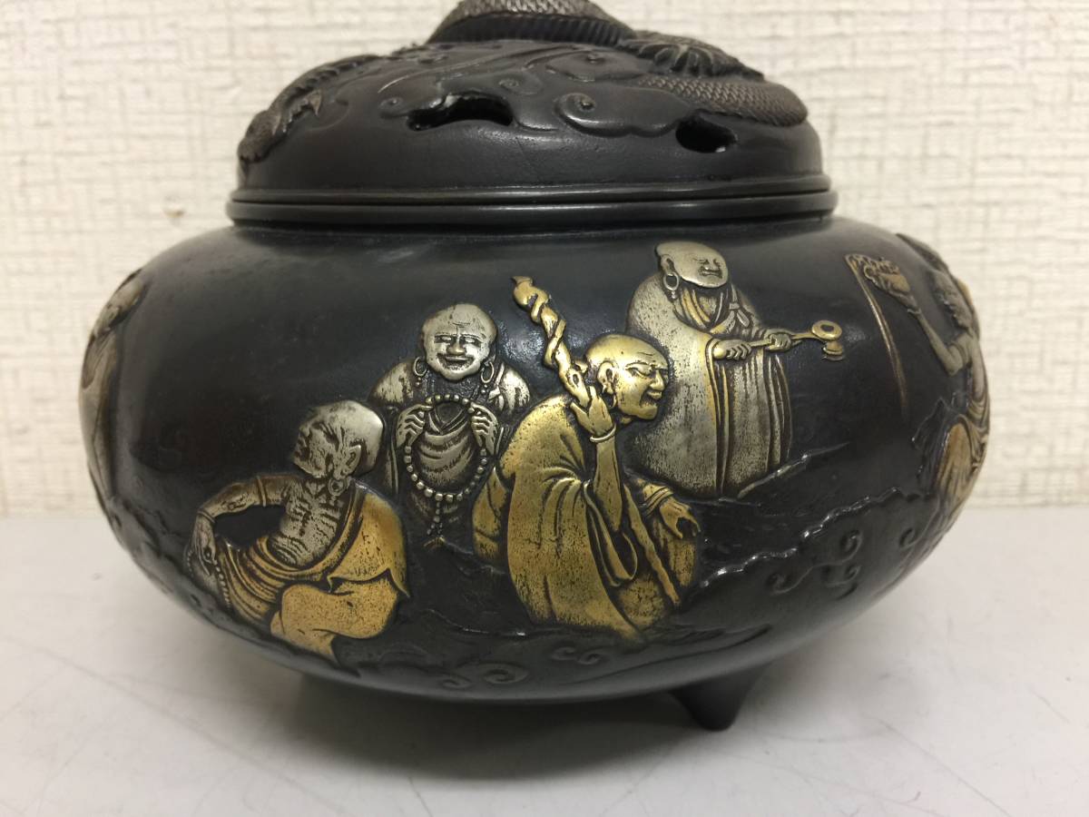 オンラインショップ 銅製 青鳳作 十六羅漢香炉 唐銅 金属工芸 三足香炉 仏具 香炉、香合