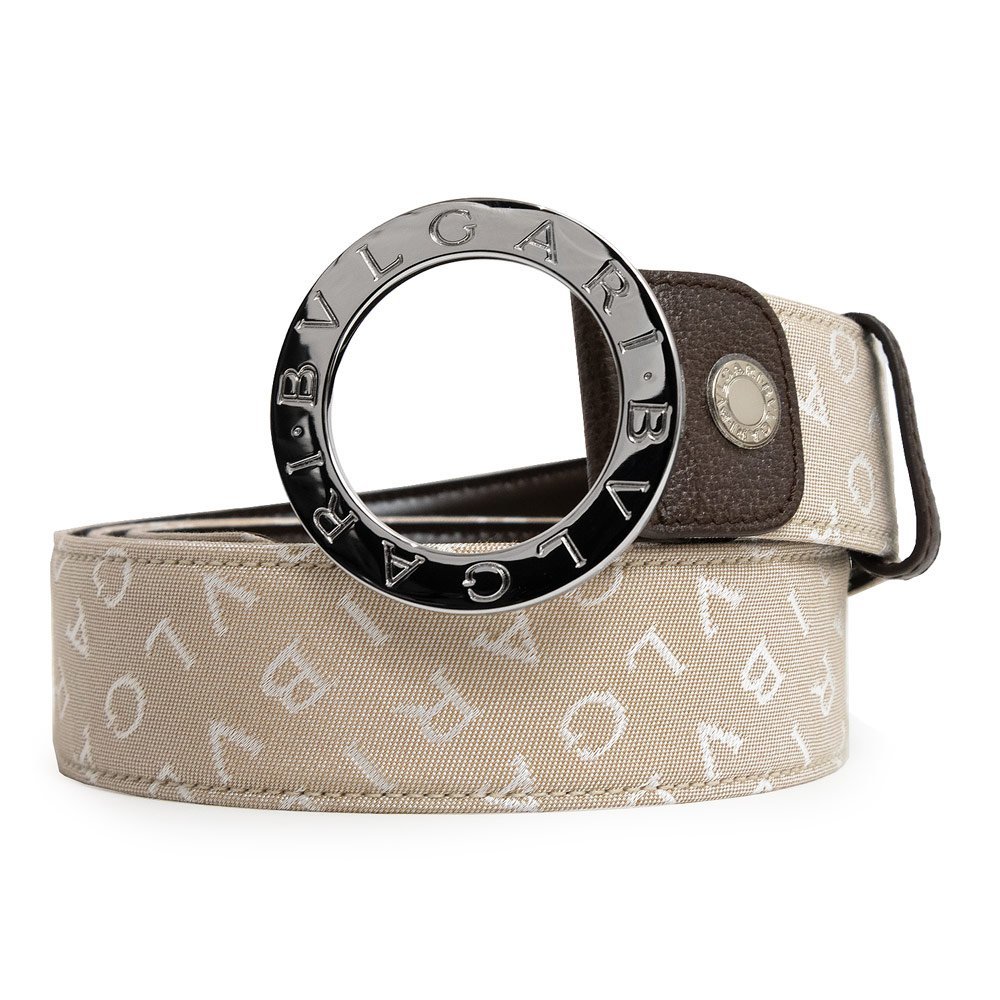 BVLGARI ロゴマニア ラウンドバックルベルト ベージュxブラウン www