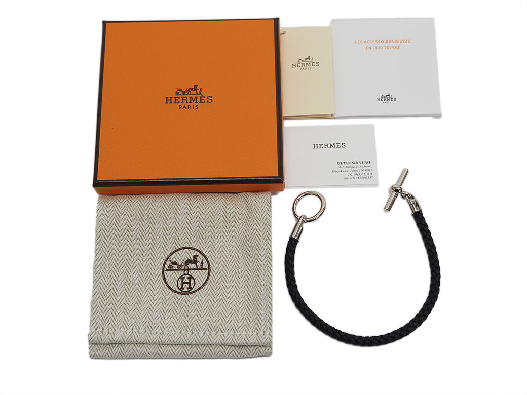未使用 エルメス HERMES レザーブレスレット グレナンH 黒 シルバー