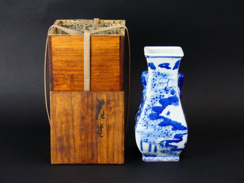 s148 時代陶器伊万里藍九谷染付双耳角瓶壺花瓶花器高さ22cm-染色–日本