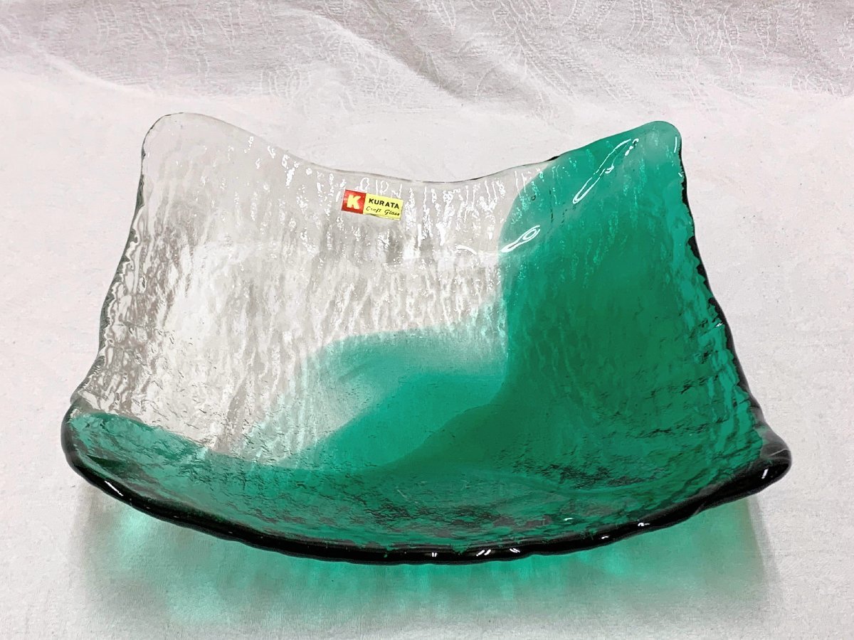 11402/KURATA CRAFT GLASS クラタ 手づくり ガラス製 プレート 盛皿 栞付 未使用 紙箱 昭和レトロの画像2