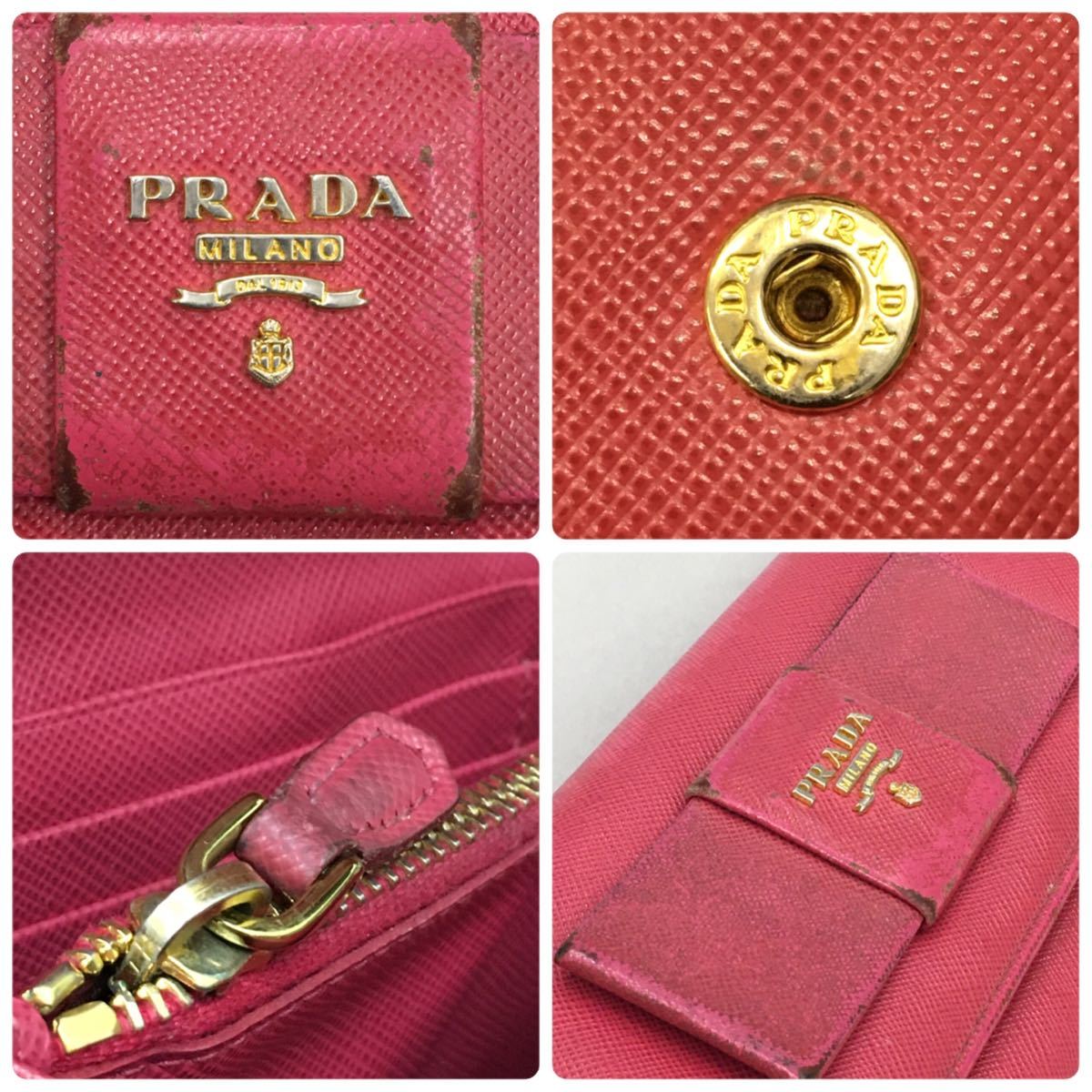 PRADA プラダ 長財布 リボン装飾 サフィアーノレザー メッキ金具 ゴールドカラー ピンク レディース ジャンク_画像8