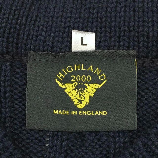 HIGHLAND2000 ハイランドトゥーサウザンド チルデンニットセーター 長袖 Vネック ケーブル編み コットン サイズL 紺色 英国製_画像7