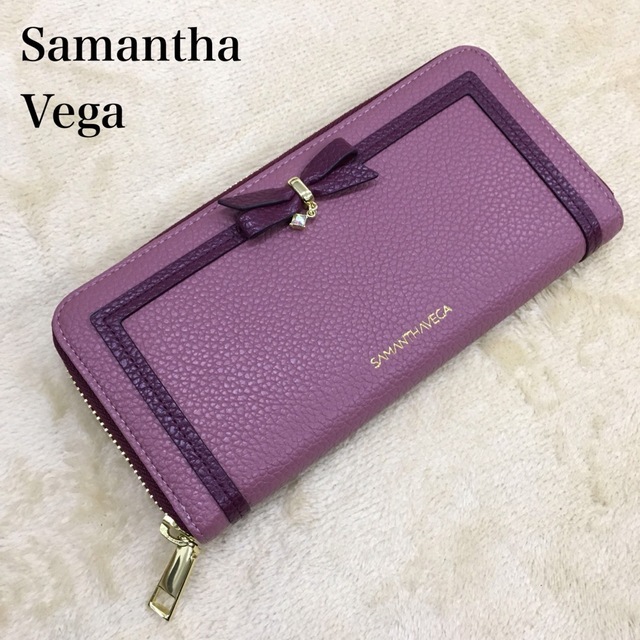 Samantha Vega サマンサ ベガ リボンロングウォレット 長財布 レザー 革 ラウンドファスナー コインケース 金具ゴールドカラー ピンク系統_画像1