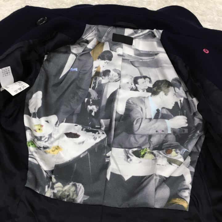 Paul Smith BLACK ポールスミス ブラック Pコート ダブルボタン ジャケット 裏地 複写プリント ウール レディース サイズ40 紺色