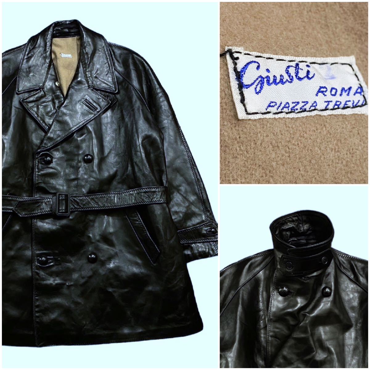 50\'s Vintage leather car coat L size black black liner jacket Horse Hyde horse leather chin -stroke 30s 40s USA euro 50 period 