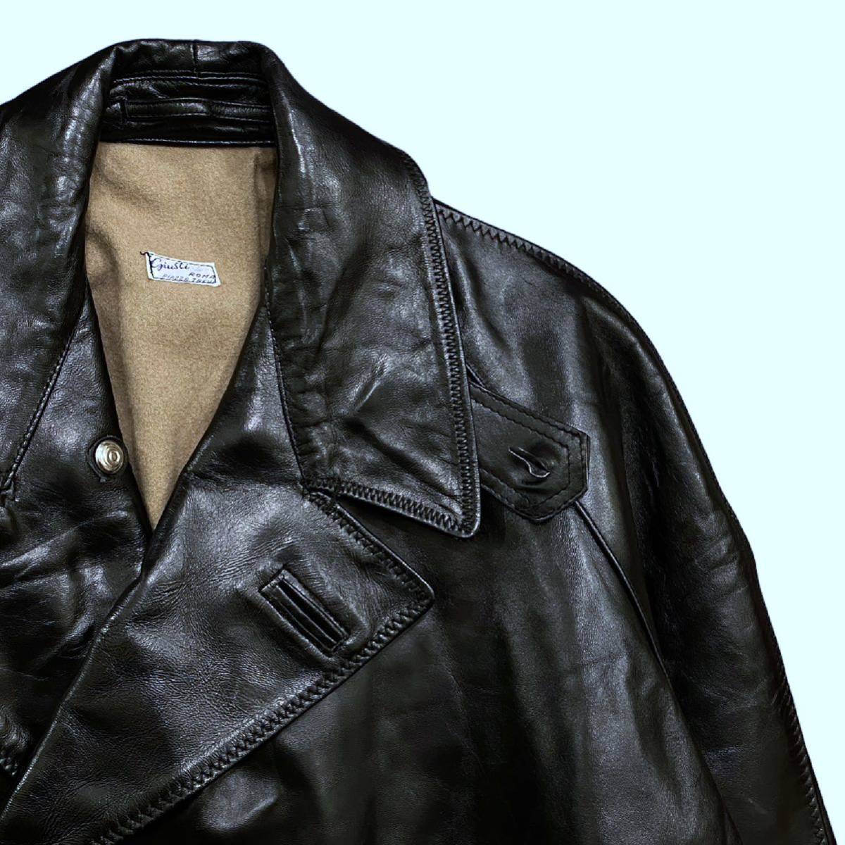 50\'s Vintage leather car coat L size black black liner jacket Horse Hyde horse leather chin -stroke 30s 40s USA euro 50 period 