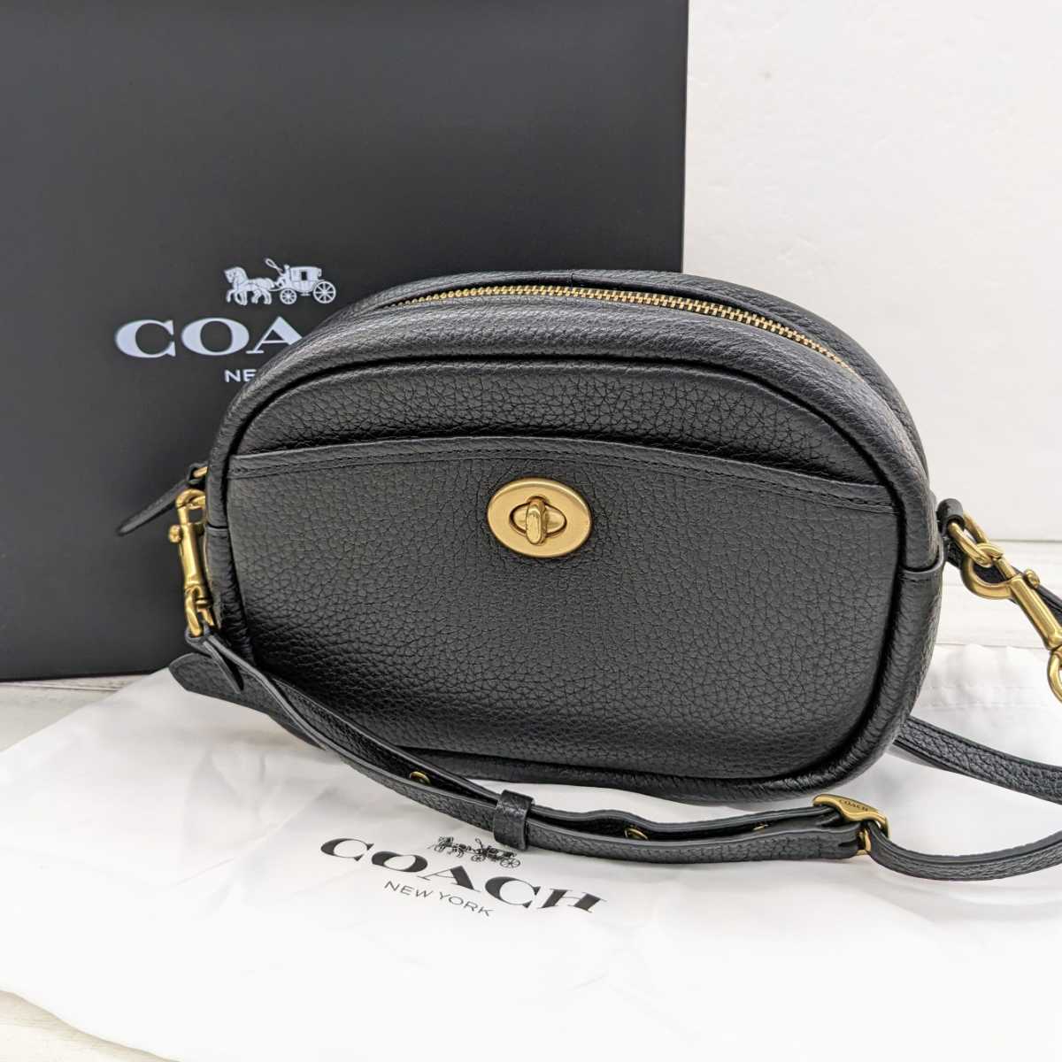 美品 COACH コーチ C5809 レザー ショルダーバッグ クロスボディバッグ カメラバッグ ポシェット ターンロック レディース ブラック 黒の画像1