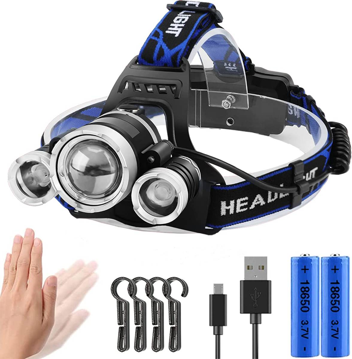 【ヘッドライト３LED 2.0】ヘッドライト USB充電式 LED 超高輝度 人感センサー led ライト 小型 軽量 ヘッドランプ ヘッドライト の画像1